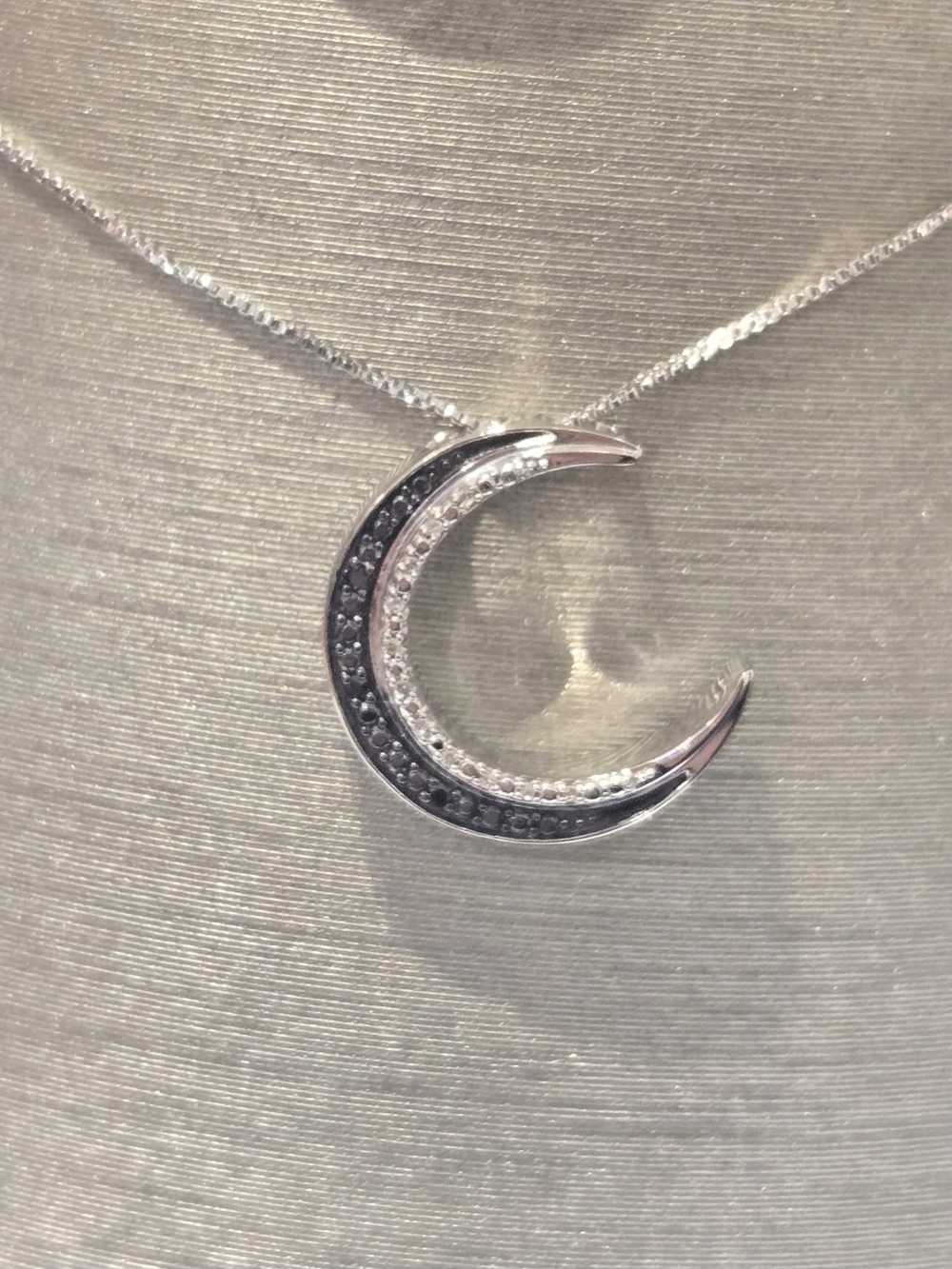 Zales Silver Crescent Moon Necklace with Black and Clear Stones